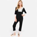 Black XL Women's Lace Trim Pajama Set with 3/4 Sleeve Top and Elastic Waist Pants