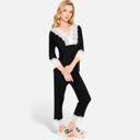 Black XL Women's Lace Trim Pajama Set with 3/4 Sleeve Top and Elastic Waist Pants