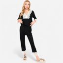 Black XL Women's Lace Trim Pajama Set with 3/4 Sleeve Top and Elastic Waist Pants