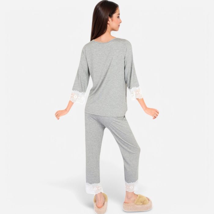 Women's Lace Trim Pajama Set with 3/4 Sleeve Top and Elastic Waist Pants