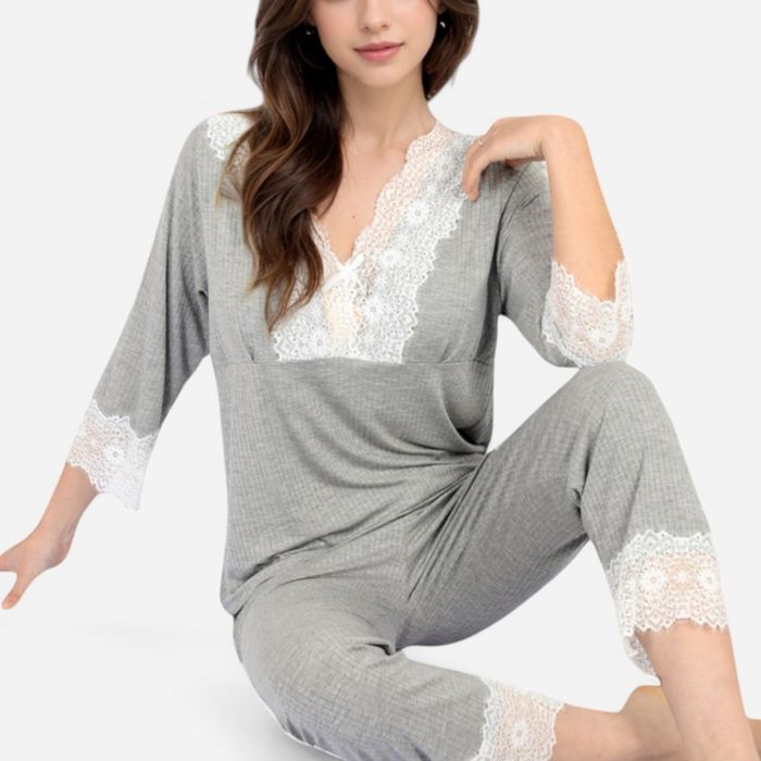 Women's Lace Trim Pajama Set with 3/4 Sleeve Top and Elastic Waist Pants