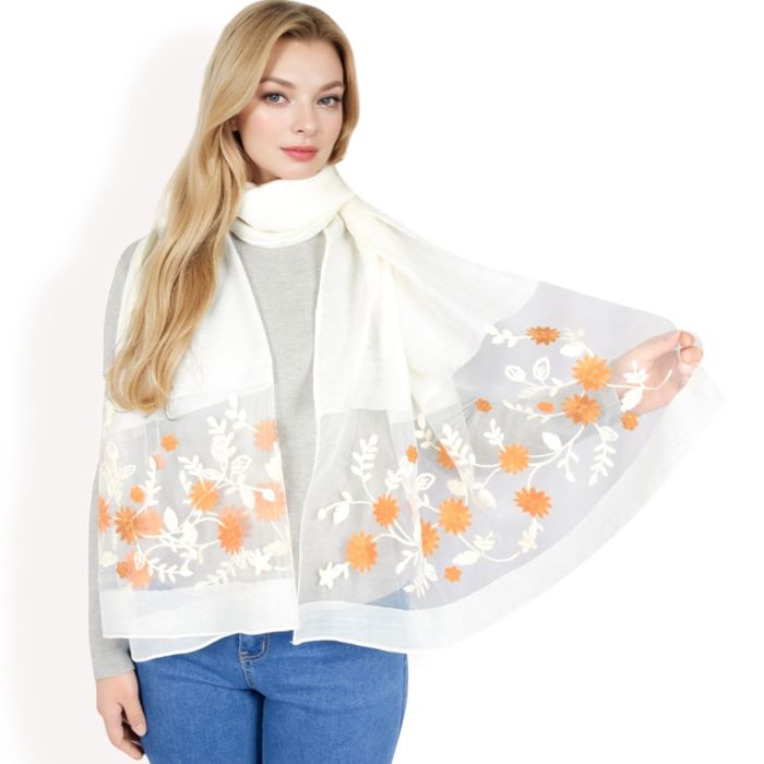 Women's Elegant Floral Embroidered Sheer Scarf with Lightweight Textured Fabric Overlay for Sophisticated Style