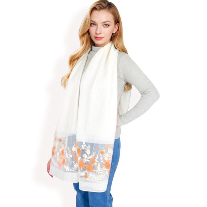 Women's Elegant Floral Embroidered Sheer Scarf with Lightweight Textured Fabric Overlay for Sophisticated Style