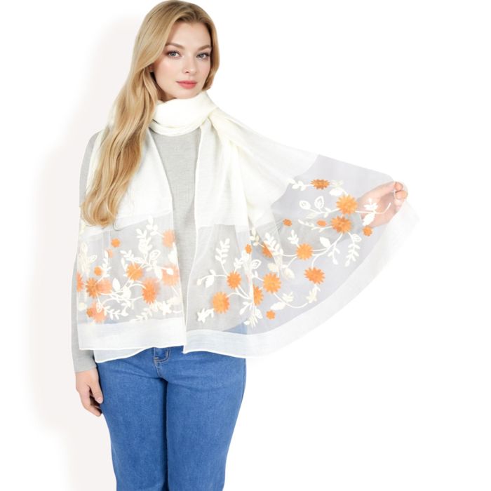 Women's Elegant Floral Embroidered Sheer Scarf with Lightweight Textured Fabric Overlay for Sophisticated Style