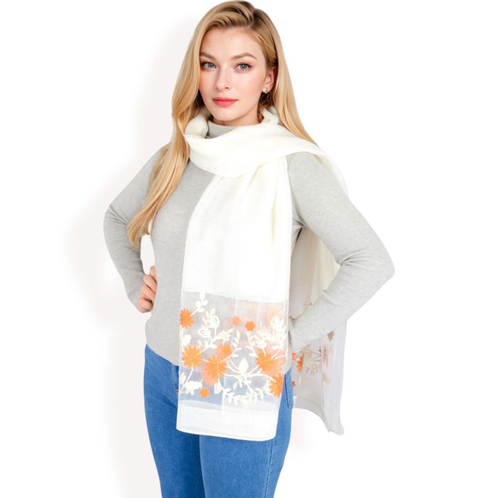 Women's Elegant Floral Embroidered Sheer Scarf with Lightweight Textured Fabric Overlay for Sophisticated Style