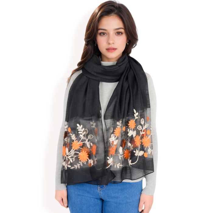 Women's Elegant Floral Embroidered Sheer Scarf with Lightweight Textured Fabric Overlay for Sophisticated Style