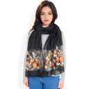 Black Women's Elegant Floral Embroidered Sheer Scarf with Lightweight Textured Fabric Overlay for Sophisticated Style