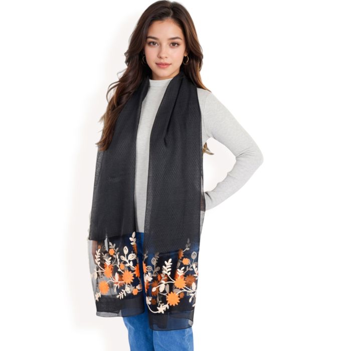 Women's Elegant Floral Embroidered Sheer Scarf with Lightweight Textured Fabric Overlay for Sophisticated Style