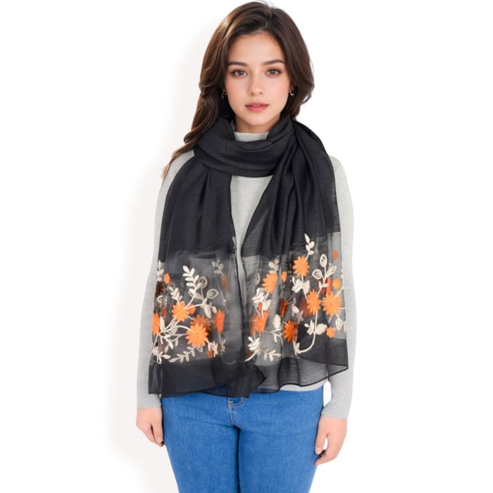 Women's Elegant Floral Embroidered Sheer Scarf with Lightweight Textured Fabric Overlay for Sophisticated Style