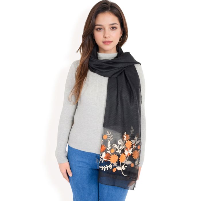 Women's Elegant Floral Embroidered Sheer Scarf with Lightweight Textured Fabric Overlay for Sophisticated Style