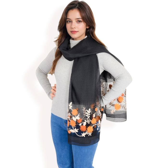 Women's Elegant Floral Embroidered Sheer Scarf with Lightweight Textured Fabric Overlay for Sophisticated Style