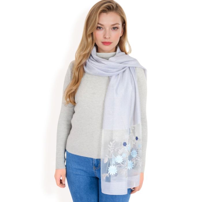 Women's Elegant Floral Embroidered Sheer Scarf with Lightweight Textured Fabric Overlay for Sophisticated Style