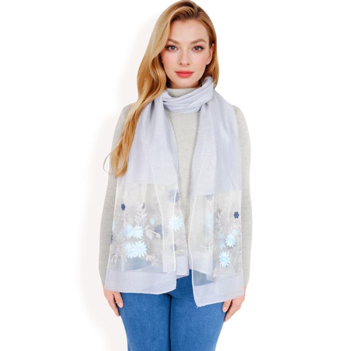 Women's Elegant Floral Embroidered Sheer Scarf with Lightweight Textured Fabric Overlay for Sophisticated Style