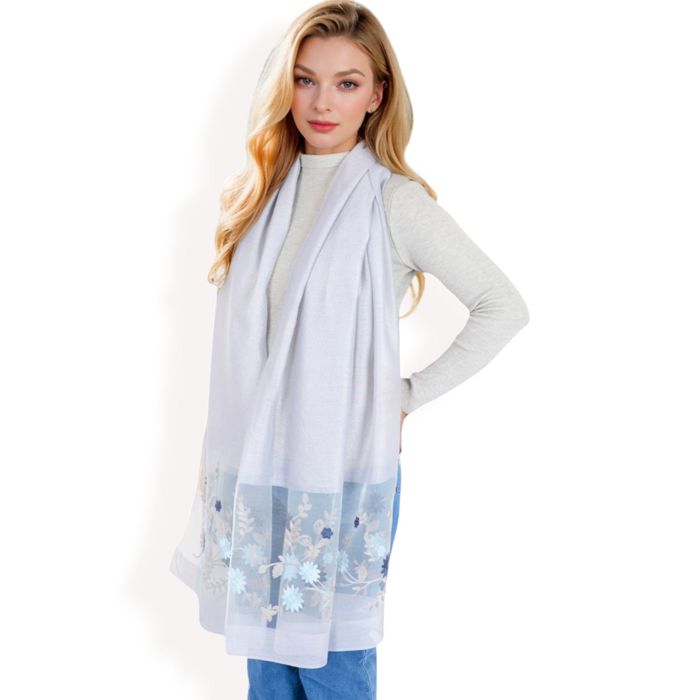 Women's Elegant Floral Embroidered Sheer Scarf with Lightweight Textured Fabric Overlay for Sophisticated Style