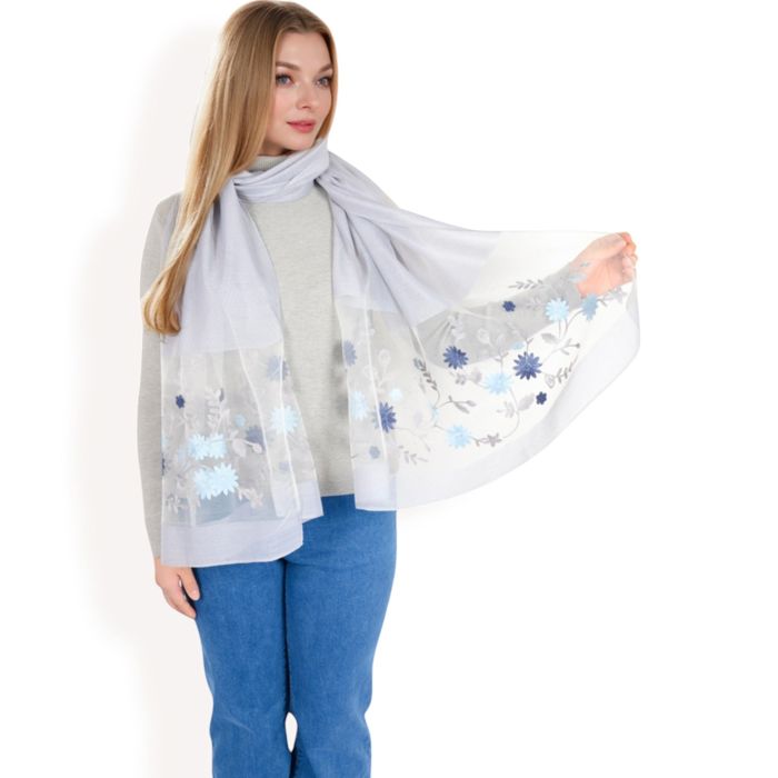 Women's Elegant Floral Embroidered Sheer Scarf with Lightweight Textured Fabric Overlay for Sophisticated Style