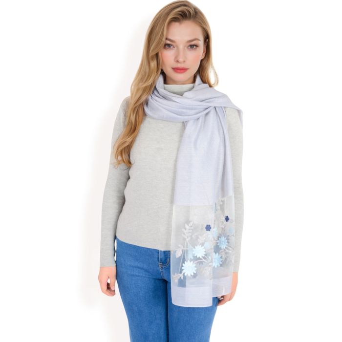 Women's Elegant Floral Embroidered Sheer Scarf with Lightweight Textured Fabric Overlay for Sophisticated Style