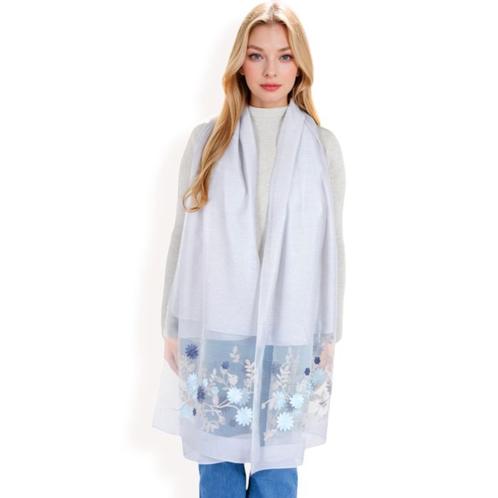 Women's Elegant Floral Embroidered Sheer Scarf with Lightweight Textured Fabric Overlay for Sophisticated Style