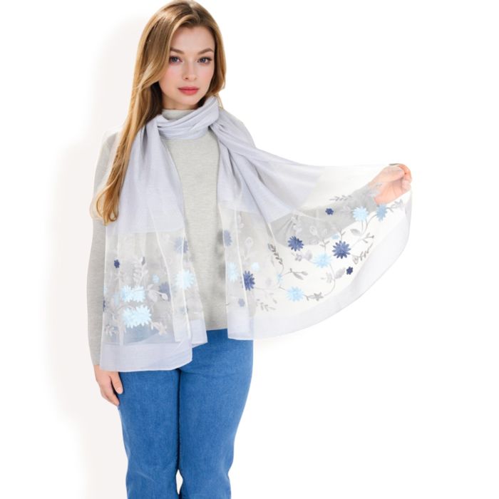 Women's Elegant Floral Embroidered Sheer Scarf with Lightweight Textured Fabric Overlay for Sophisticated Style