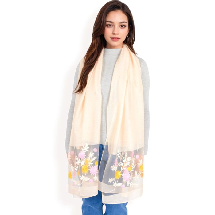 Women's Elegant Floral Embroidered Sheer Scarf with Lightweight Textured Fabric Overlay for Sophisticated Style