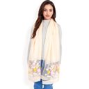 Beige Women's Elegant Floral Embroidered Sheer Scarf with Lightweight Textured Fabric Overlay for Sophisticated Style