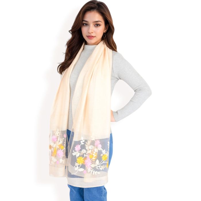 Women's Elegant Floral Embroidered Sheer Scarf with Lightweight Textured Fabric Overlay for Sophisticated Style