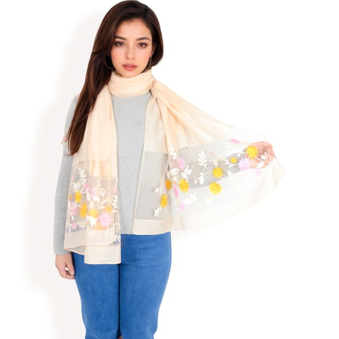 Women's Elegant Floral Embroidered Sheer Scarf with Lightweight Textured Fabric Overlay for Sophisticated Style