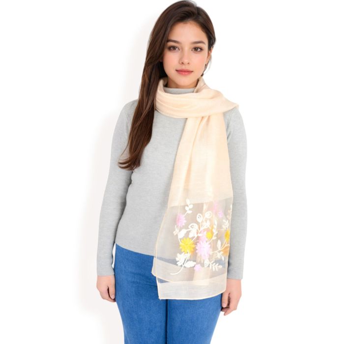 Women's Elegant Floral Embroidered Sheer Scarf with Lightweight Textured Fabric Overlay for Sophisticated Style