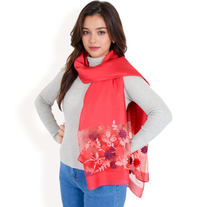 Women's Elegant Floral Embroidered Sheer Scarf with Lightweight Textured Fabric Overlay for Sophisticated Style