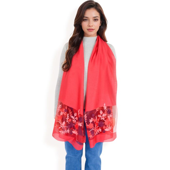 Women's Elegant Floral Embroidered Sheer Scarf with Lightweight Textured Fabric Overlay for Sophisticated Style