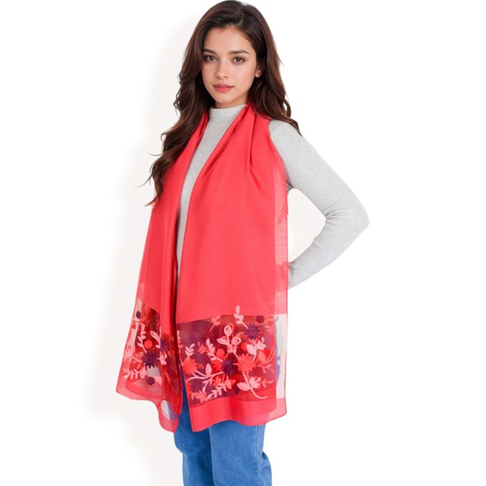 Women's Elegant Floral Embroidered Sheer Scarf with Lightweight Textured Fabric Overlay for Sophisticated Style