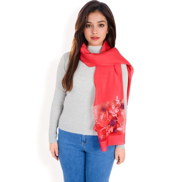 Women's Elegant Floral Embroidered Sheer Scarf with Lightweight Textured Fabric Overlay for Sophisticated Style