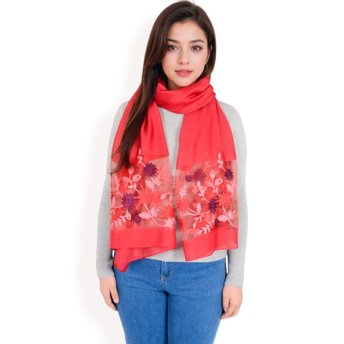 Women's Elegant Floral Embroidered Sheer Scarf with Lightweight Textured Fabric Overlay for Sophisticated Style