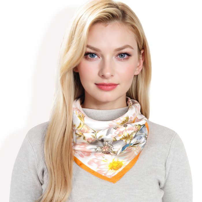 Women's Elegant Floral, Abstract, and Chain Print Silk Square Scarves with Bold Patterns and Luxurious Satin Finish