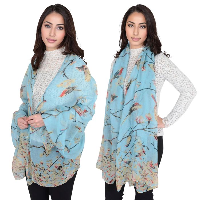 Women's Lightweight Floral Birds Print Scarf Cotton Linen Shawls Wrap Scarves