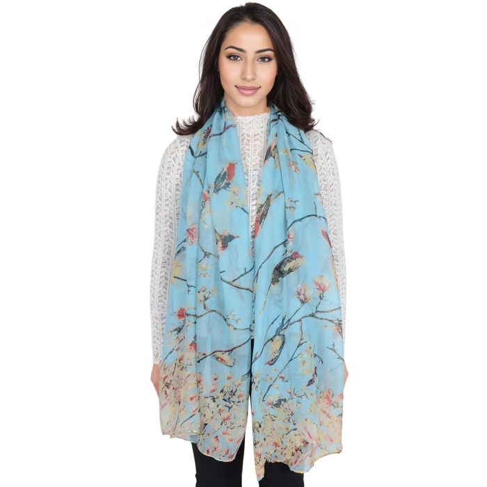 Women's Lightweight Floral Birds Print Scarf Cotton Linen Shawls Wrap Scarves