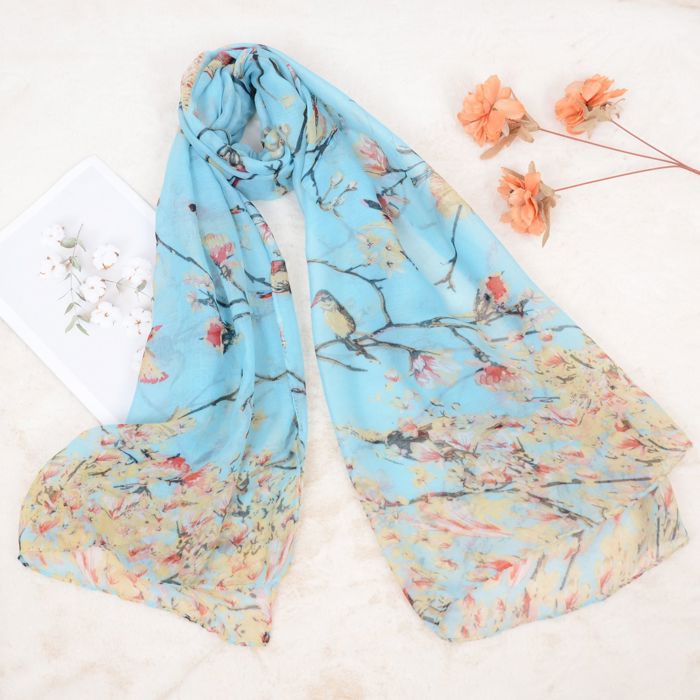 Women's Lightweight Floral Birds Print Scarf Cotton Linen Shawls Wrap Scarves