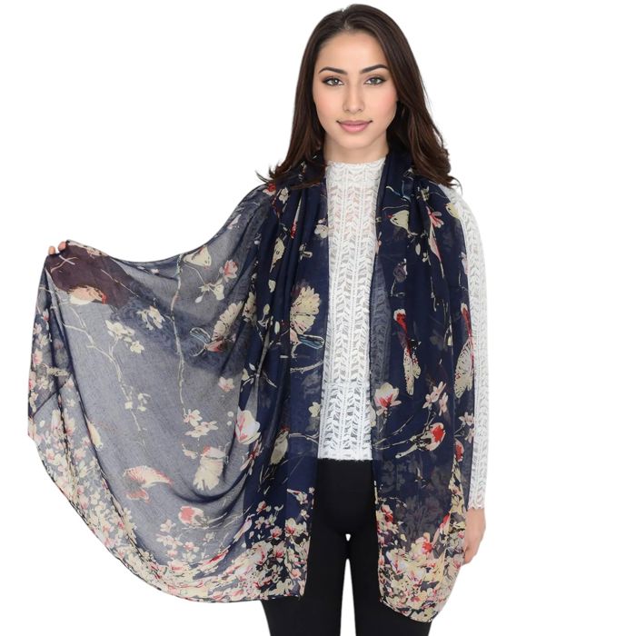 Women's Lightweight Floral Birds Print Scarf Cotton Linen Shawls Wrap Scarves