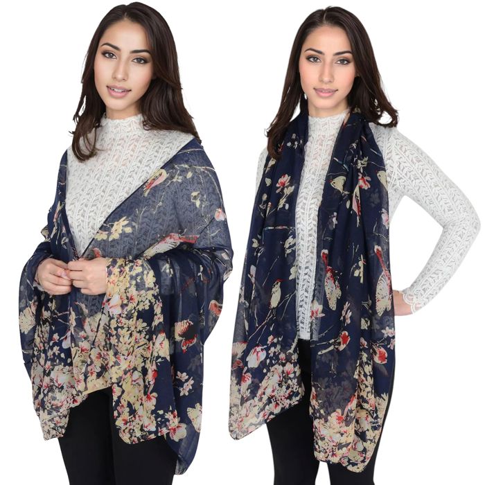 Women's Lightweight Floral Birds Print Scarf Cotton Linen Shawls Wrap Scarves