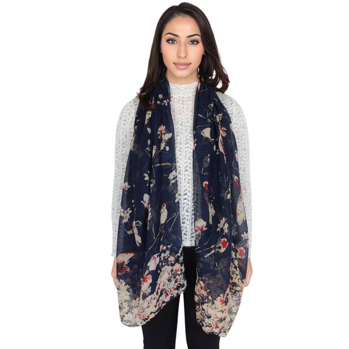 Women's Lightweight Floral Birds Print Scarf Cotton Linen Shawls Wrap Scarves