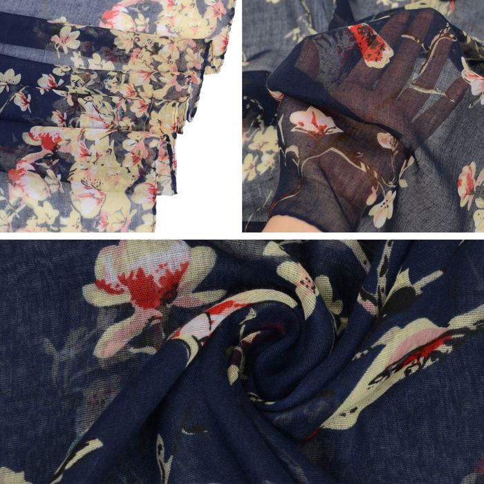 Women's Lightweight Floral Birds Print Scarf Cotton Linen Shawls Wrap Scarves