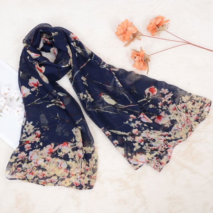 Women's Lightweight Floral Birds Print Scarf Cotton Linen Shawls Wrap Scarves