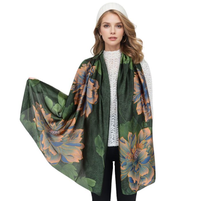 Women's Luxury Floral Pattern Satin Scarf Lightweight Silky Wrap Shawl Scarves for Evening Dresses