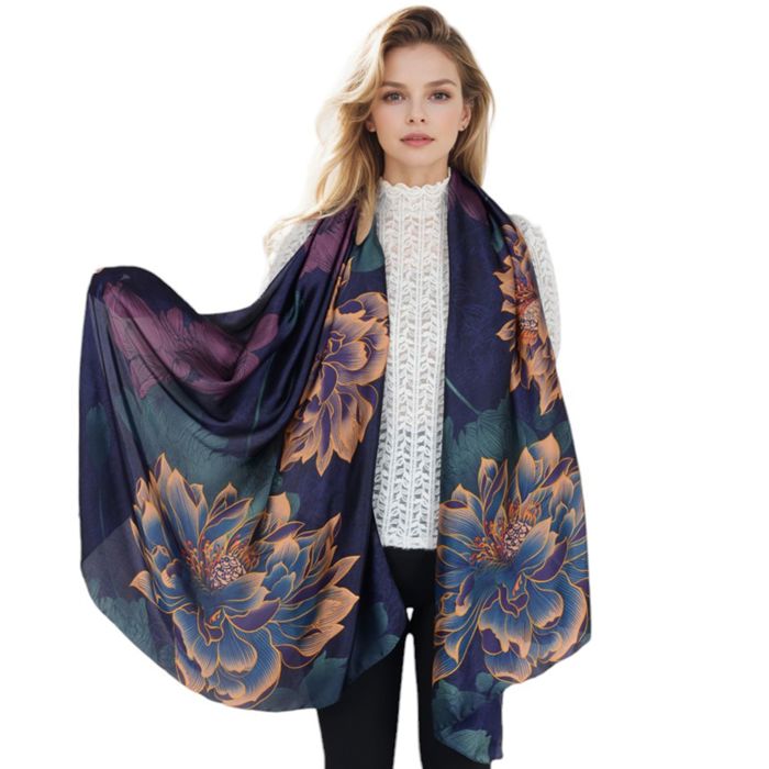 Women's Luxury Floral Pattern Satin Scarf Lightweight Silky Wrap Shawl Scarves for Evening Dresses