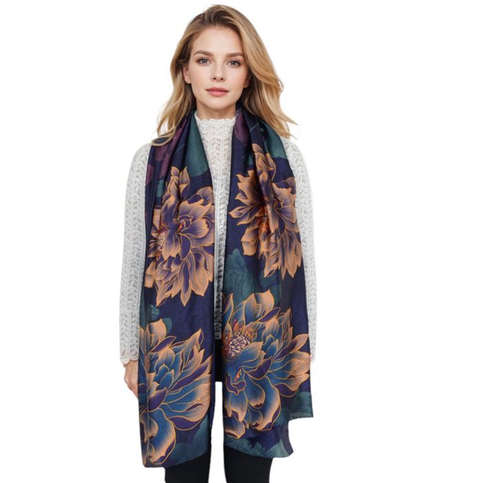 Women's Luxury Floral Pattern Satin Scarf Lightweight Silky Wrap Shawl Scarves for Evening Dresses