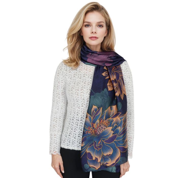 Women's Luxury Floral Pattern Satin Scarf Lightweight Silky Wrap Shawl Scarves for Evening Dresses