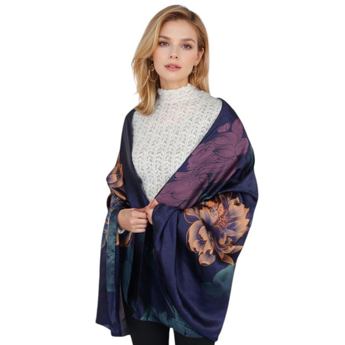 Women's Luxury Floral Pattern Satin Scarf Lightweight Silky Wrap Shawl Scarves for Evening Dresses