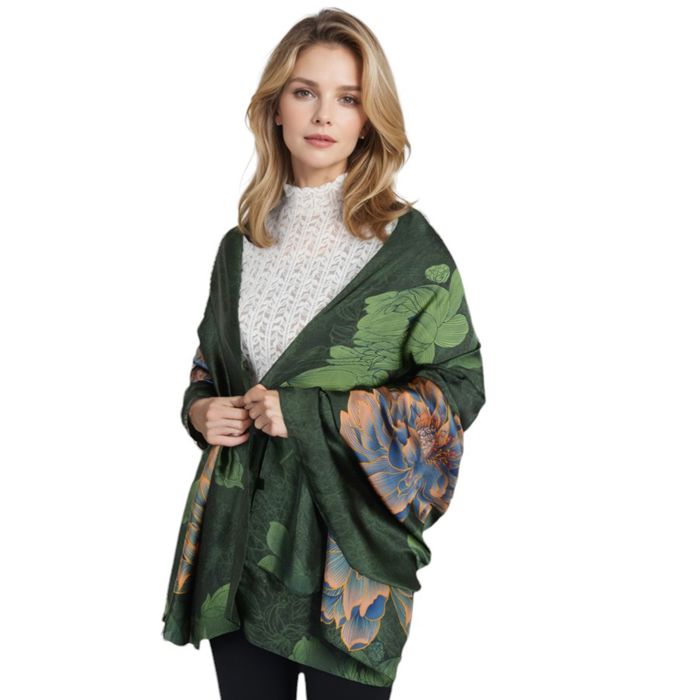 Women's Luxury Floral Pattern Satin Scarf Lightweight Silky Wrap Shawl Scarves for Evening Dresses