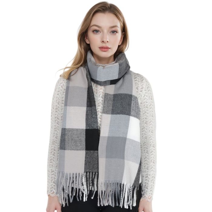 Women's Classic Plaid Fringe Scarf Soft Cashmere Feel Winter Checked Wrap Shawls