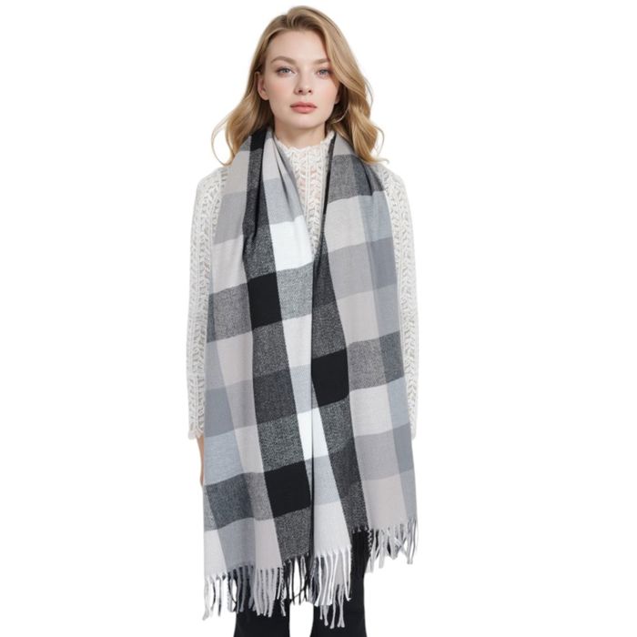 Women's Classic Plaid Fringe Scarf Soft Cashmere Feel Winter Checked Wrap Shawls