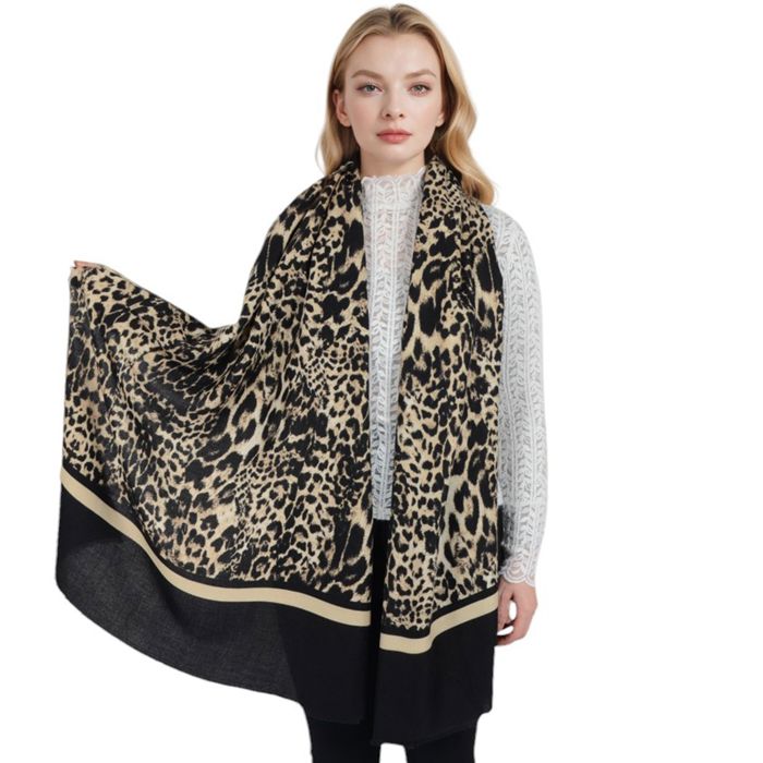 Women's Classic Leopard Print Scarf Contrasting Stripes Lightweight Shawl Wrap Scarves